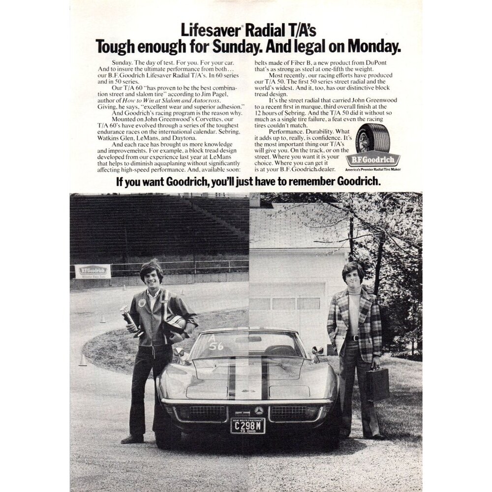 1973 BF Goodrich Tires Lifesaver Radial Chevy Corvette Vintage Print Ad Wall Art